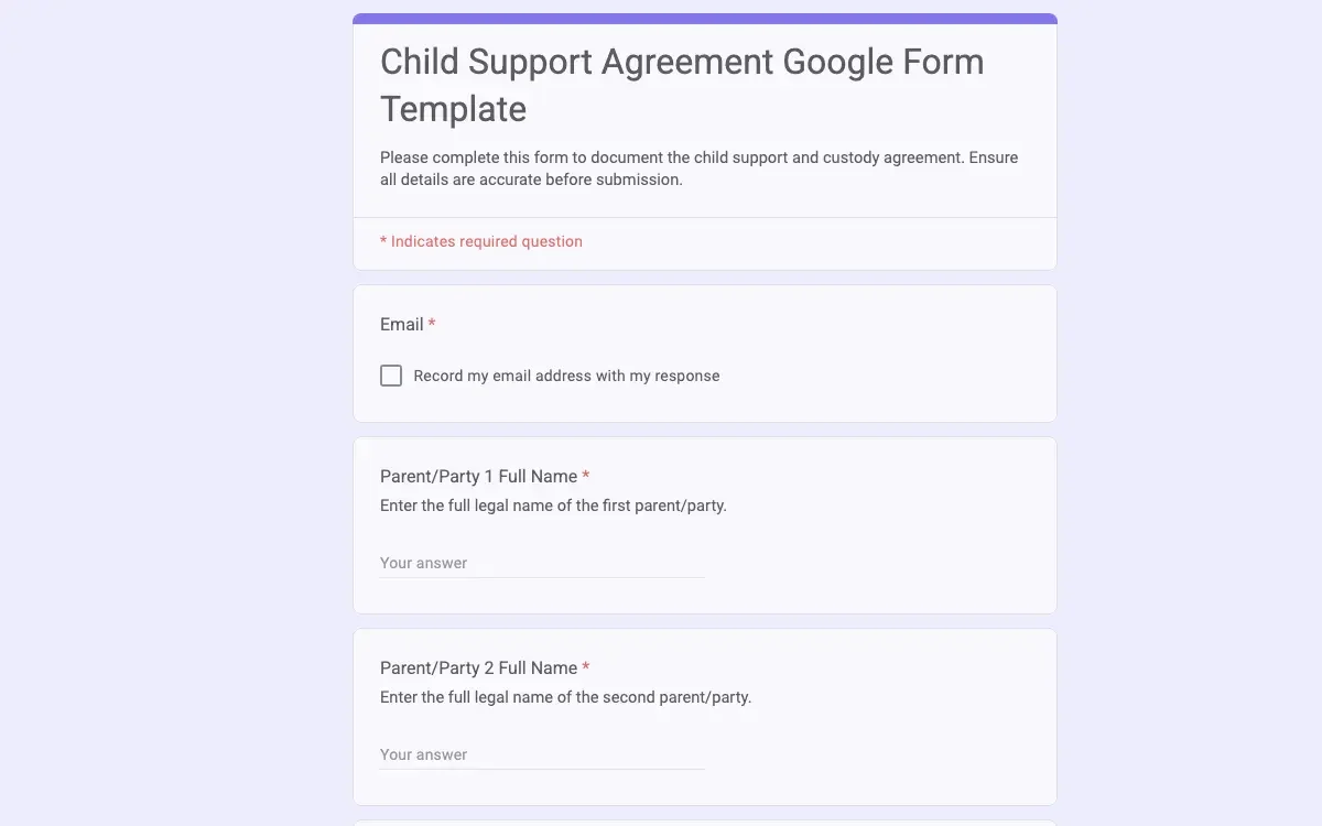 Preview of Child Support Agreement Google Form Template