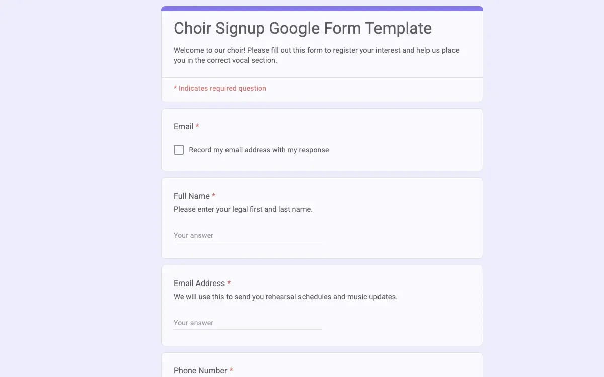 Preview of Choir Signup Google Form Template