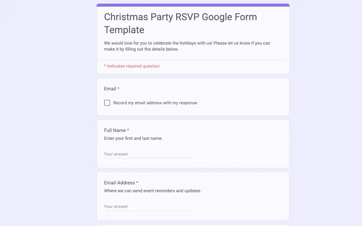 Preview of Christmas Party RSVP Google Form Template