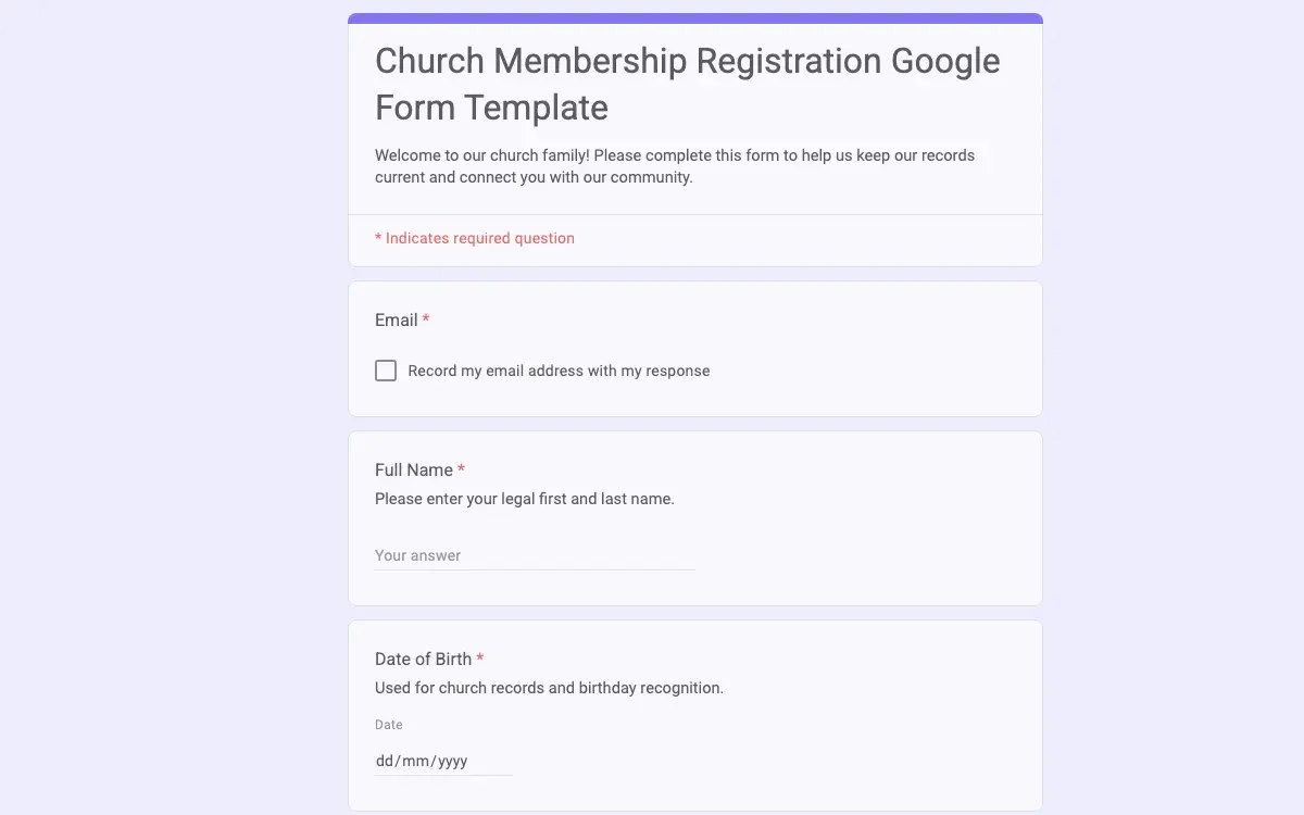 Preview of Church Membership Registration Google Form Template