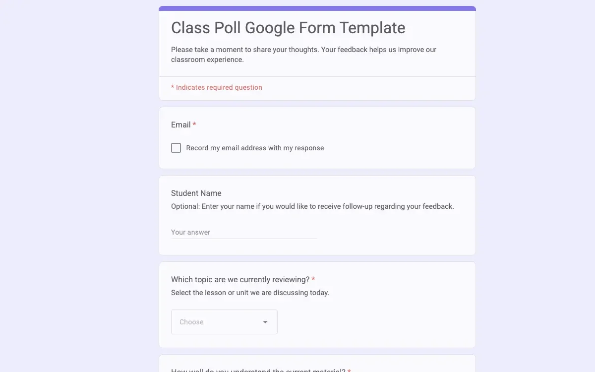 Preview of Class Poll Google Form Template