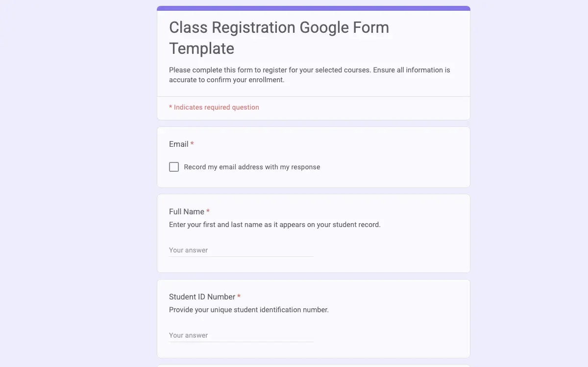 Preview of Class Registration Google Form Template