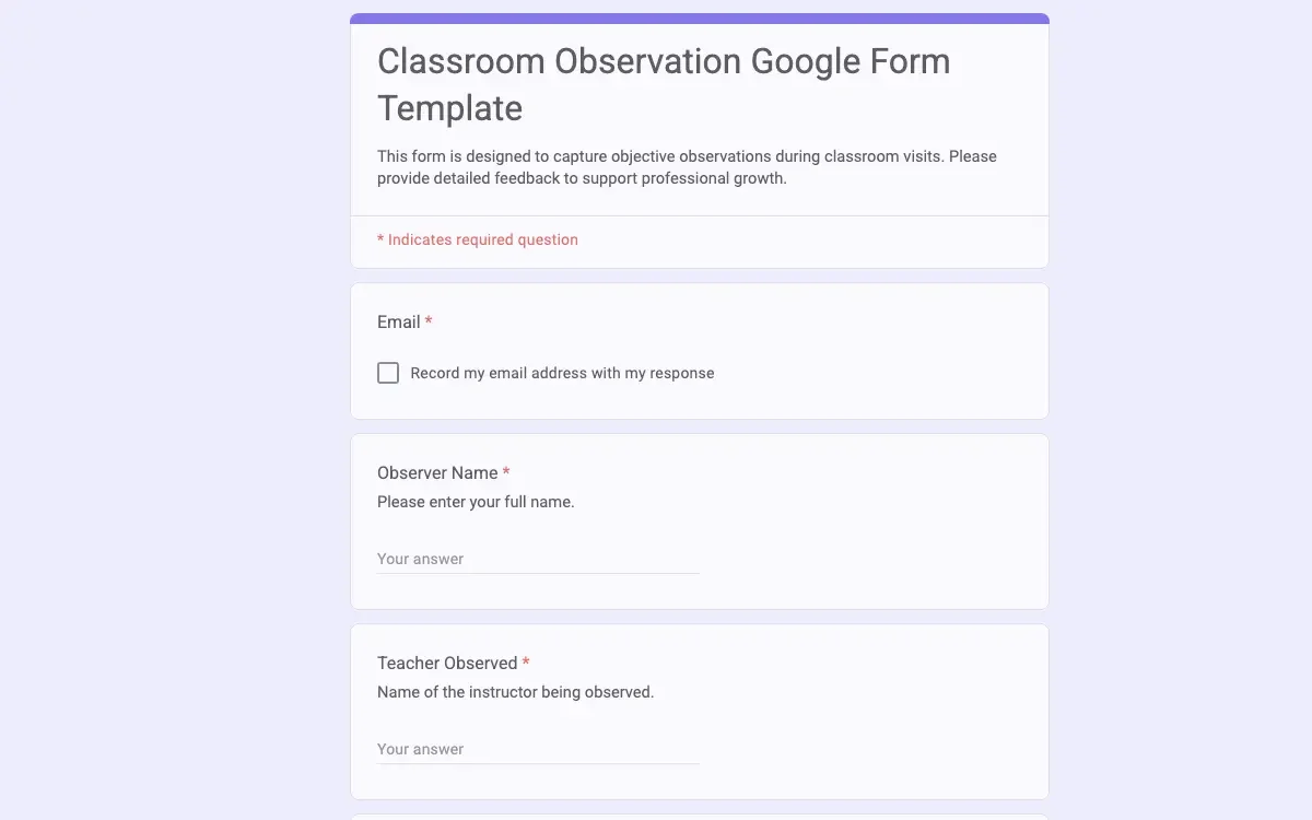 Preview of Classroom Observation Google Form Template