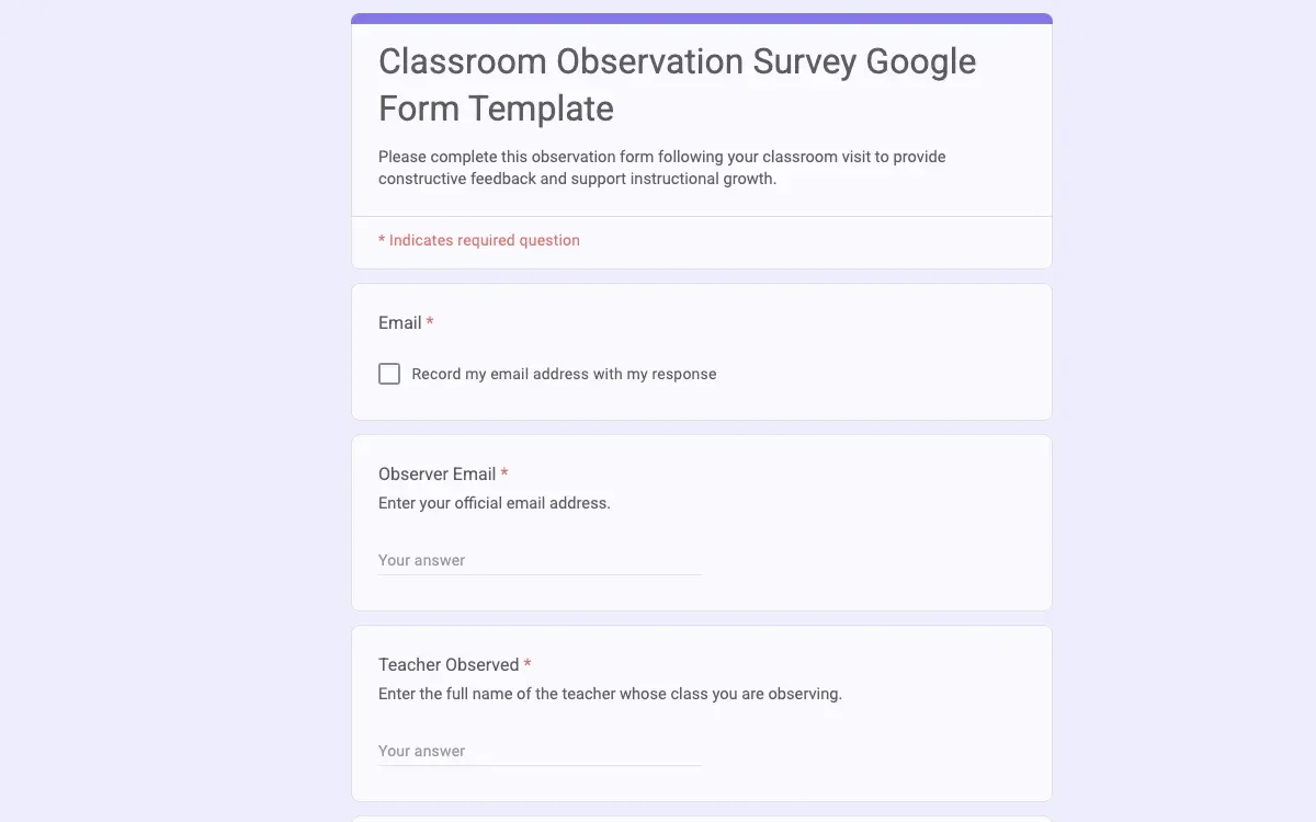 Preview of Classroom Observation Survey Google Form Template