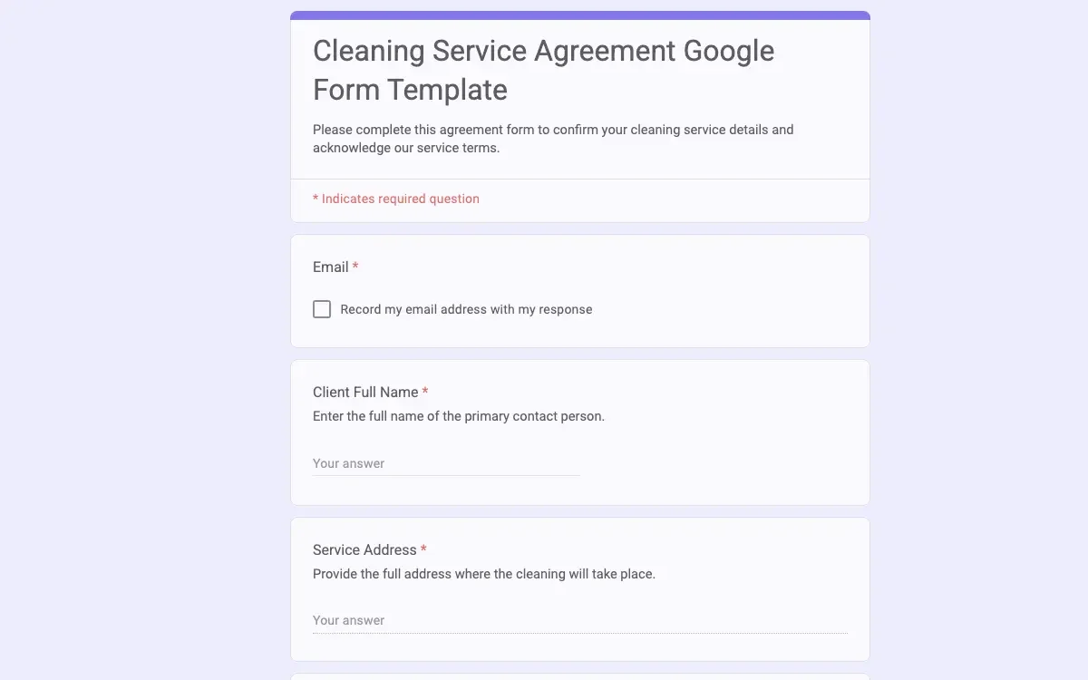 Preview of Cleaning Service Agreement Google Form Template