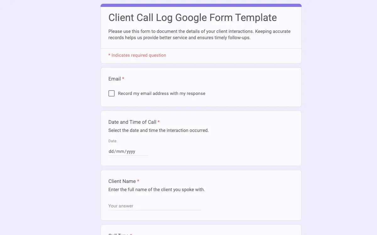 Preview of Client Call Log Google Form Template