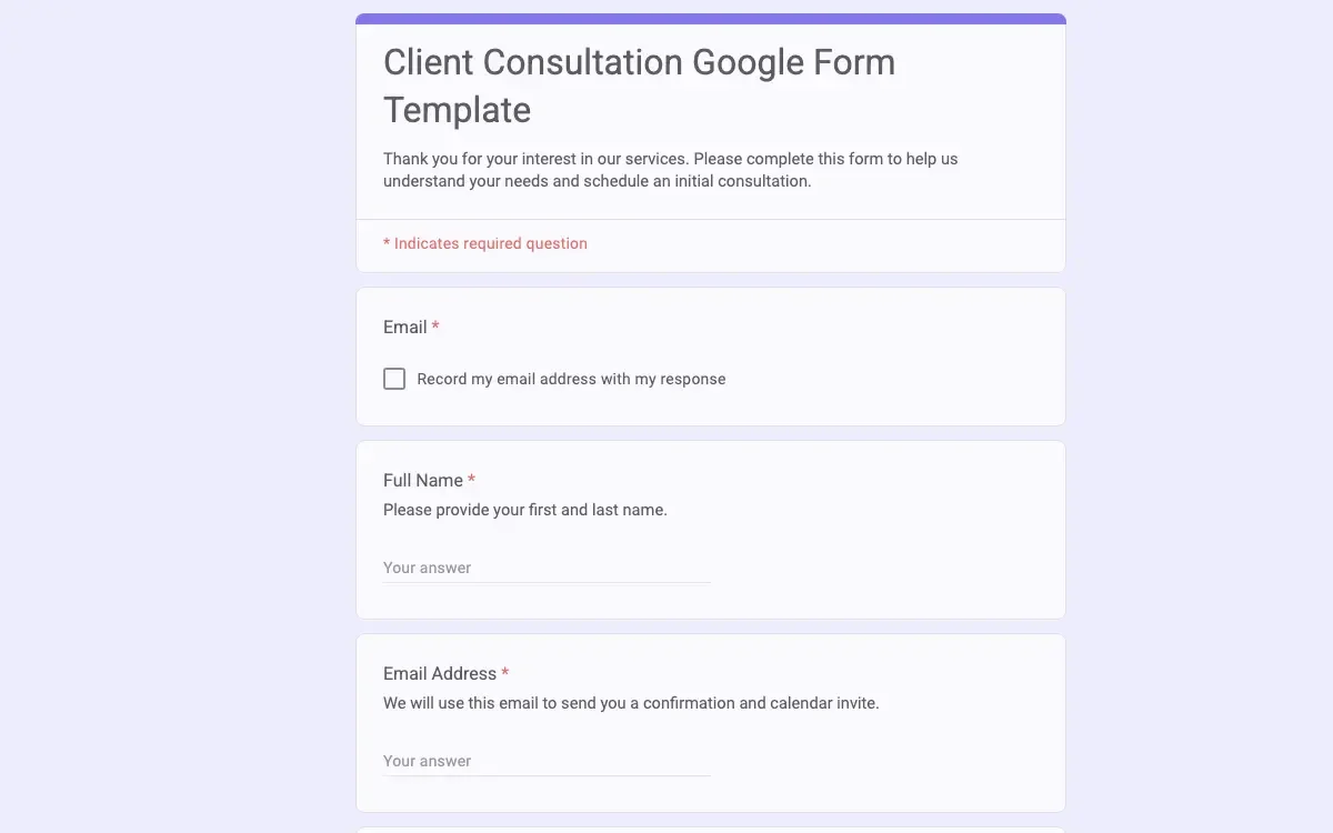 Preview of Client Consultation Google Form Template