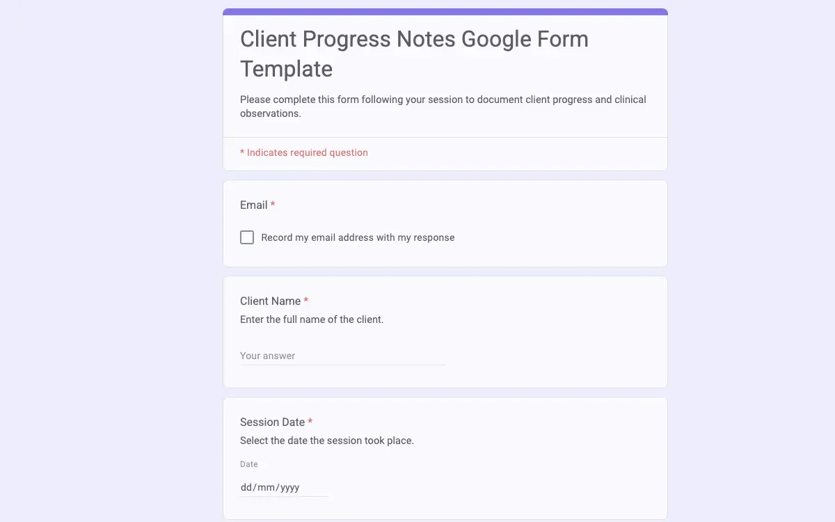 Preview of Client Progress Notes Google Form Template