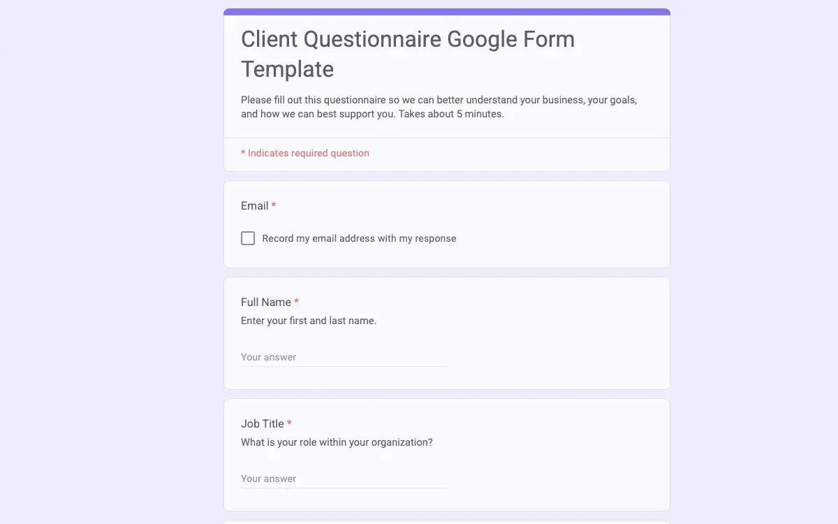Preview of Client Questionnaire Google Form Template