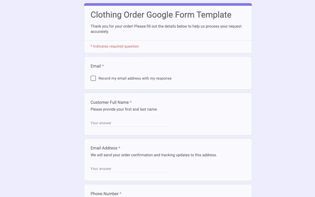 Preview of Clothing Order Google Form Template