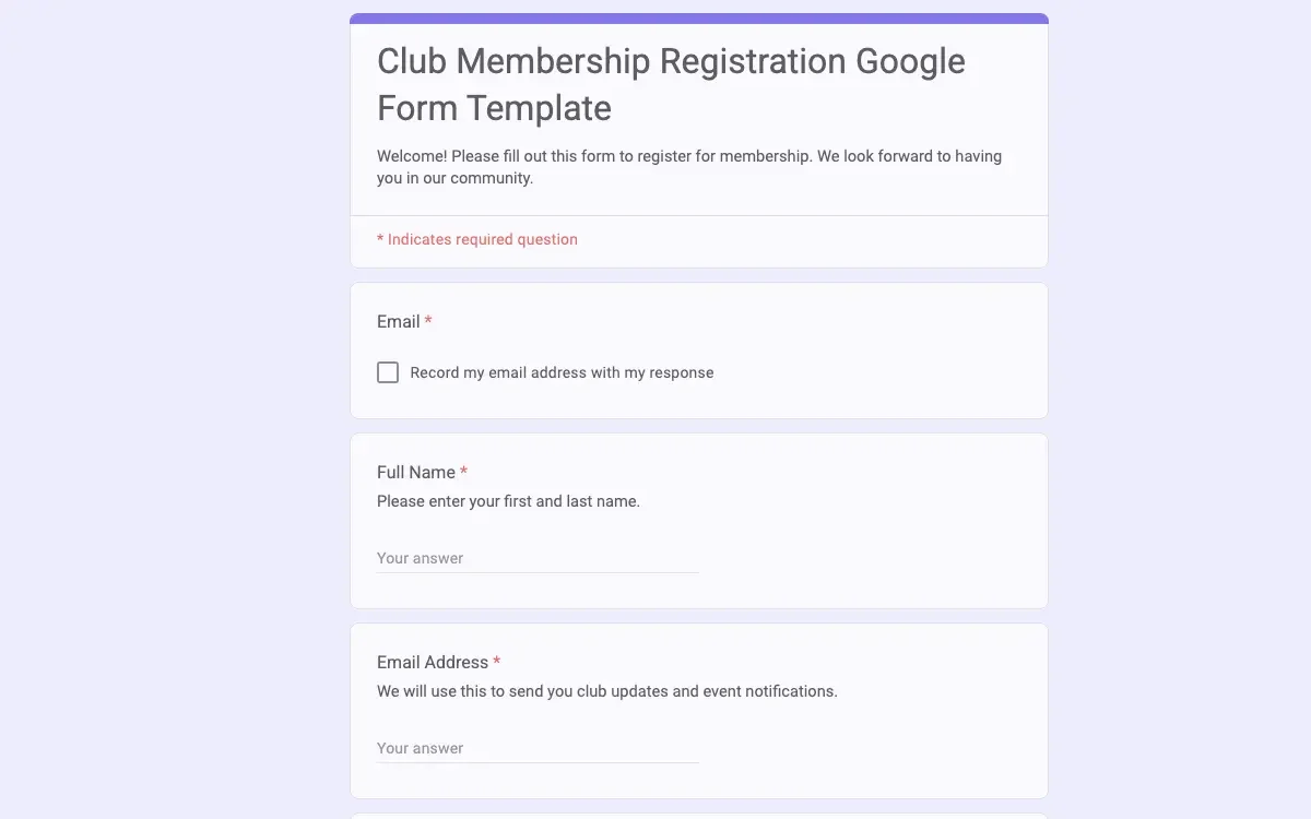 Preview of Club Membership Registration Google Form Template