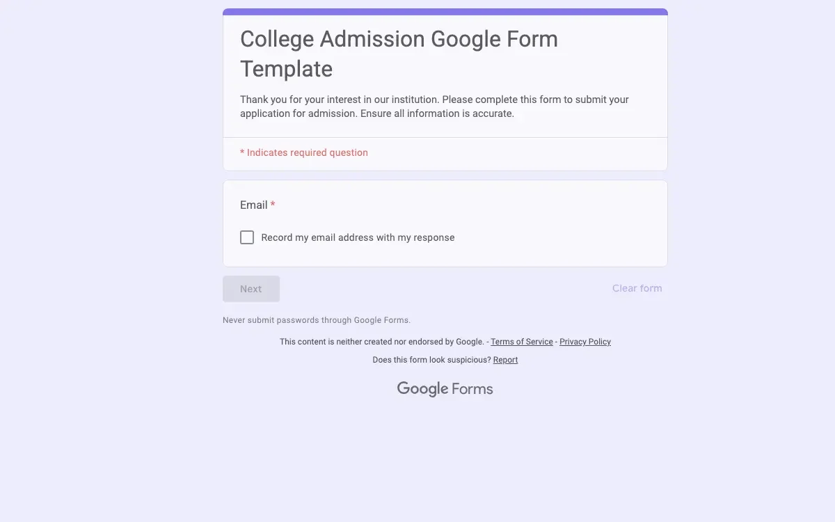 Preview of College Admission Google Form Template