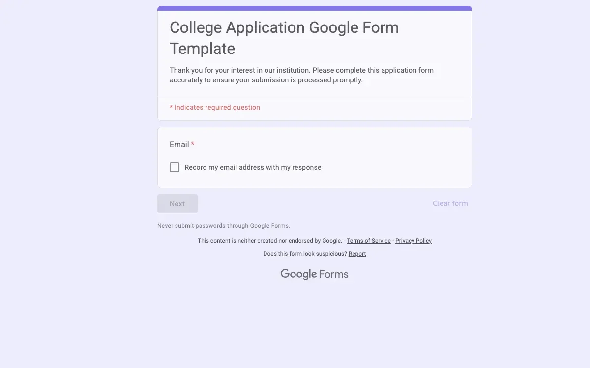 Preview of College Application Google Form Template