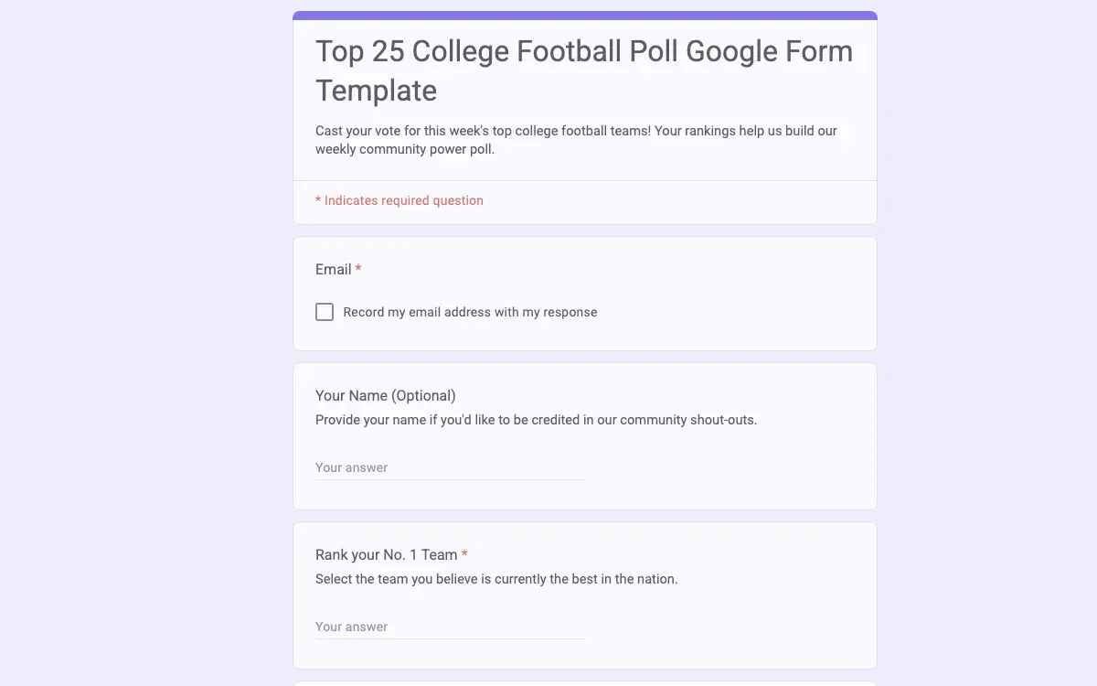 Preview of Top 25 College Football Poll Google Form Template