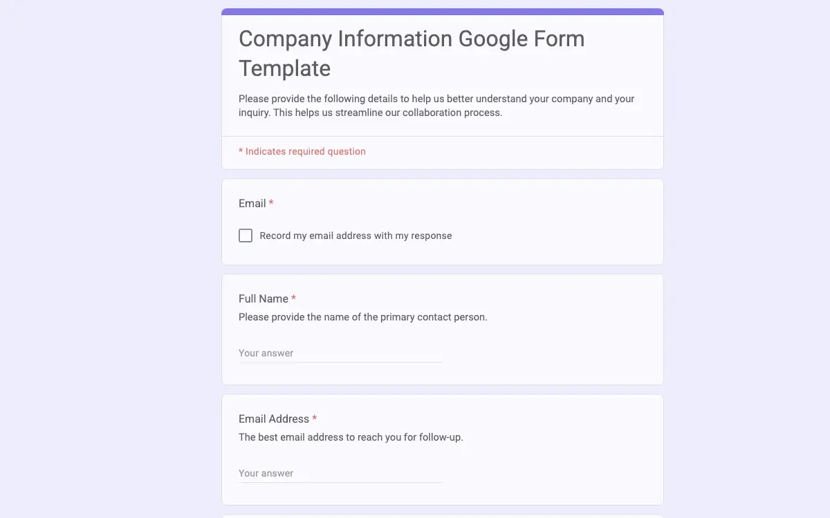 Preview of Company Information Google Form Template