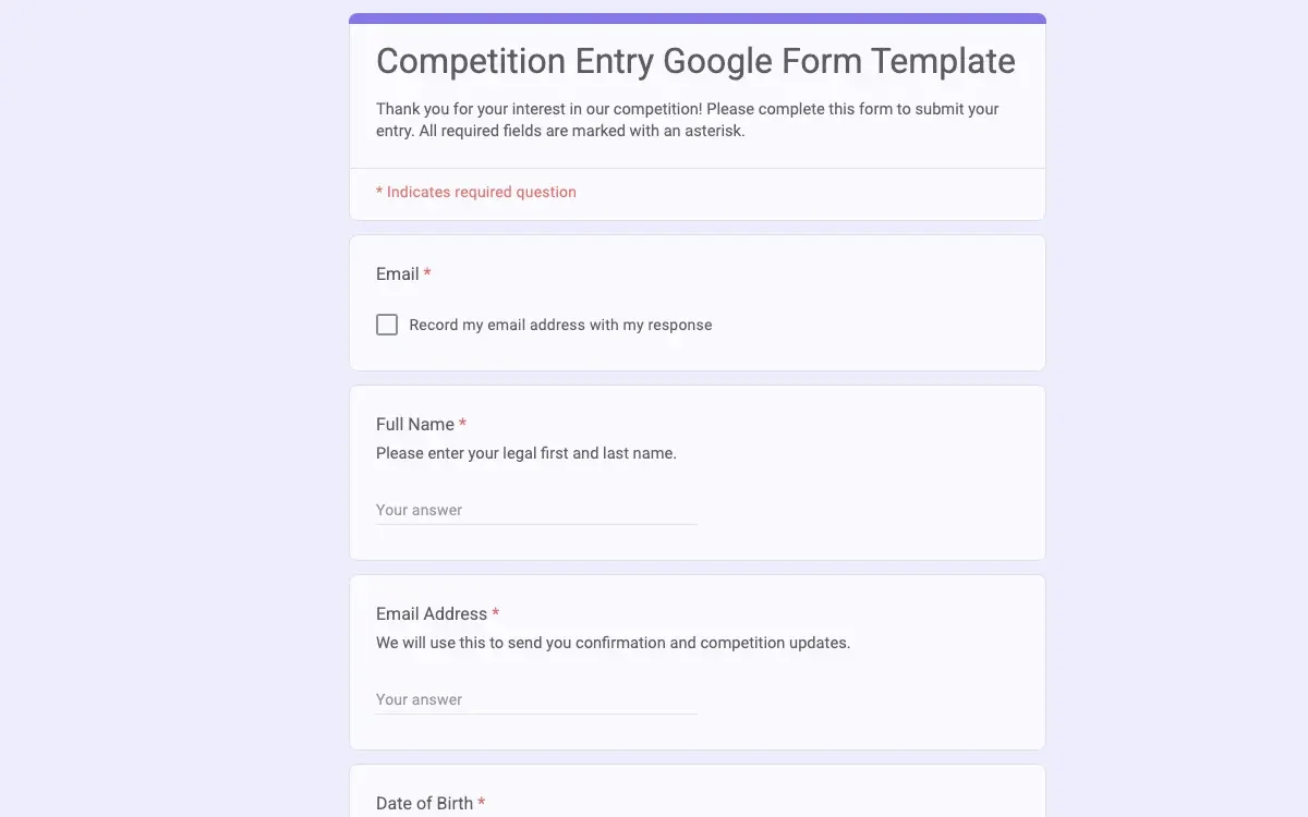 Preview of Competition Entry Google Form Template