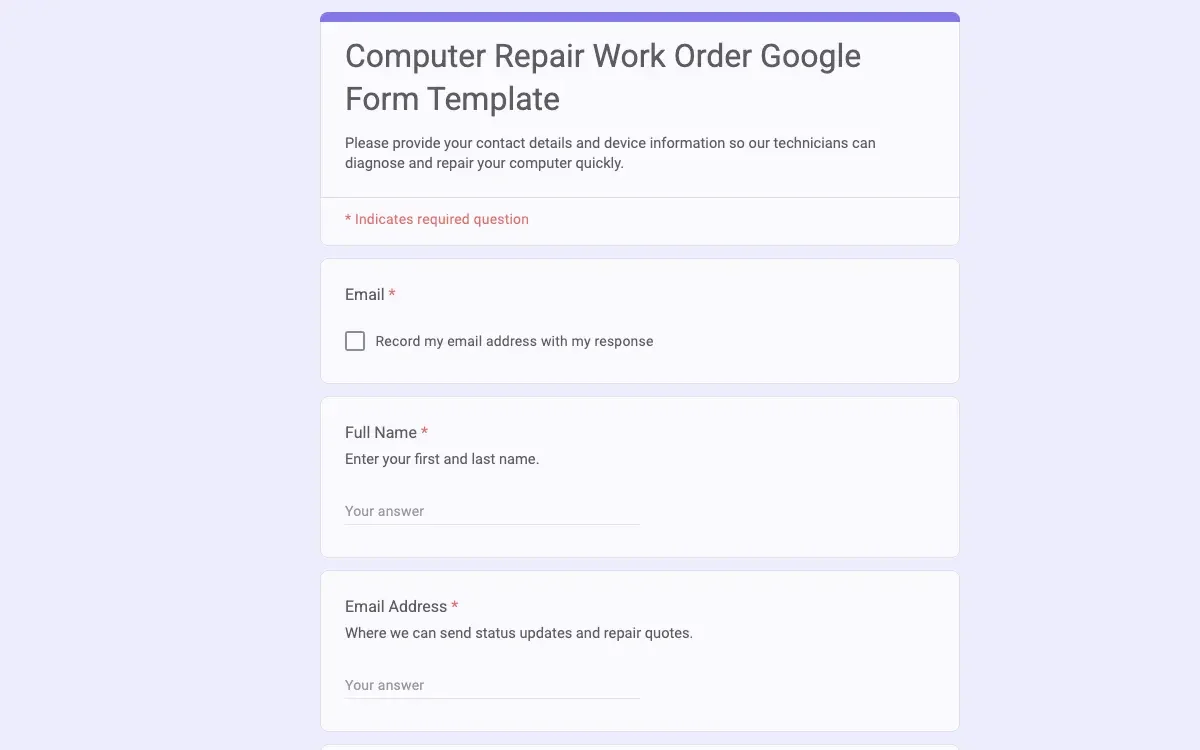 Preview of Computer Repair Work Order Google Form Template
