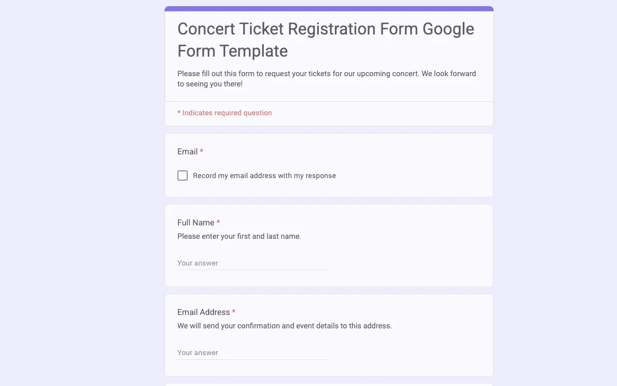 Preview of Concert Ticket Registration Form Google Form Template