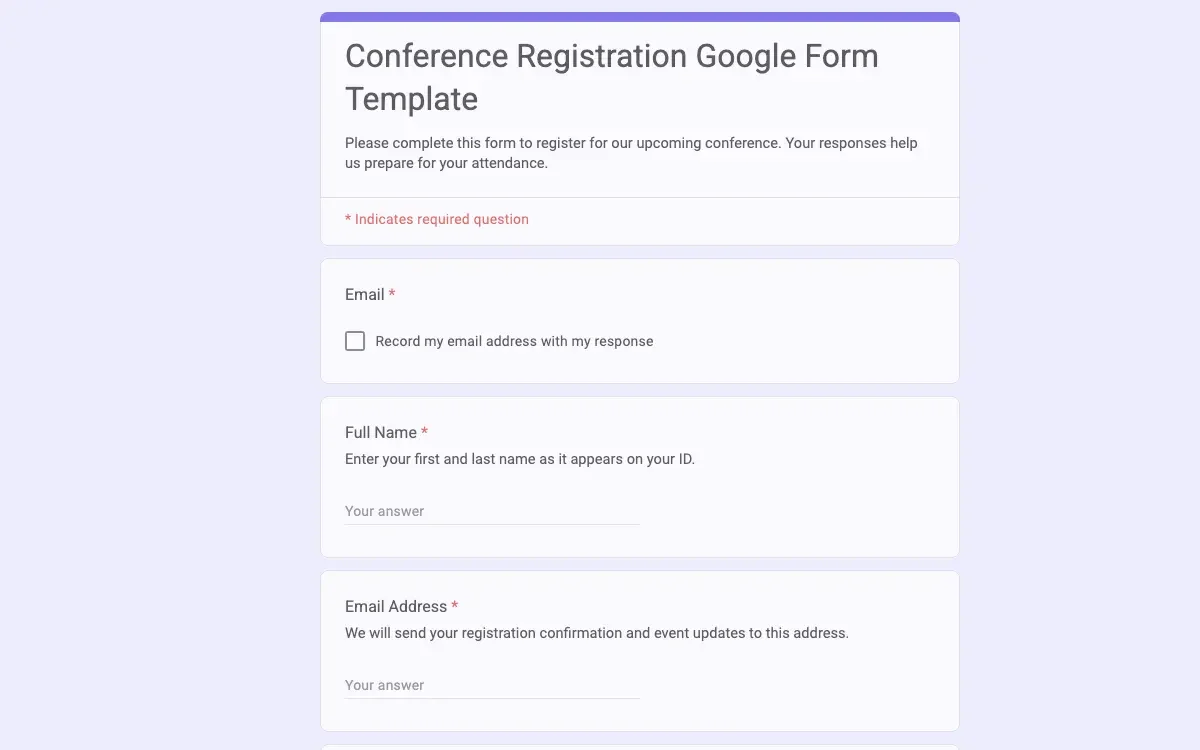 Preview of Conference Registration Google Form Template