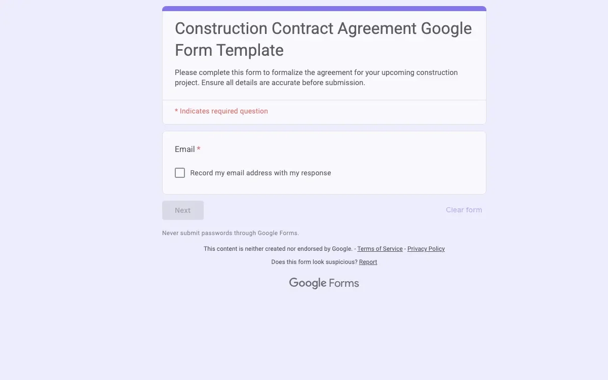 Preview of Construction Contract Agreement Google Form Template