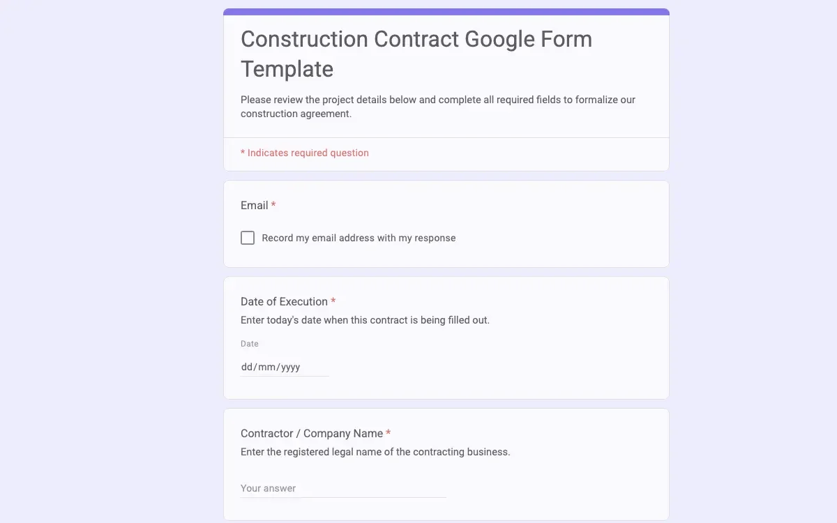 Preview of Construction Contract Google Form Template