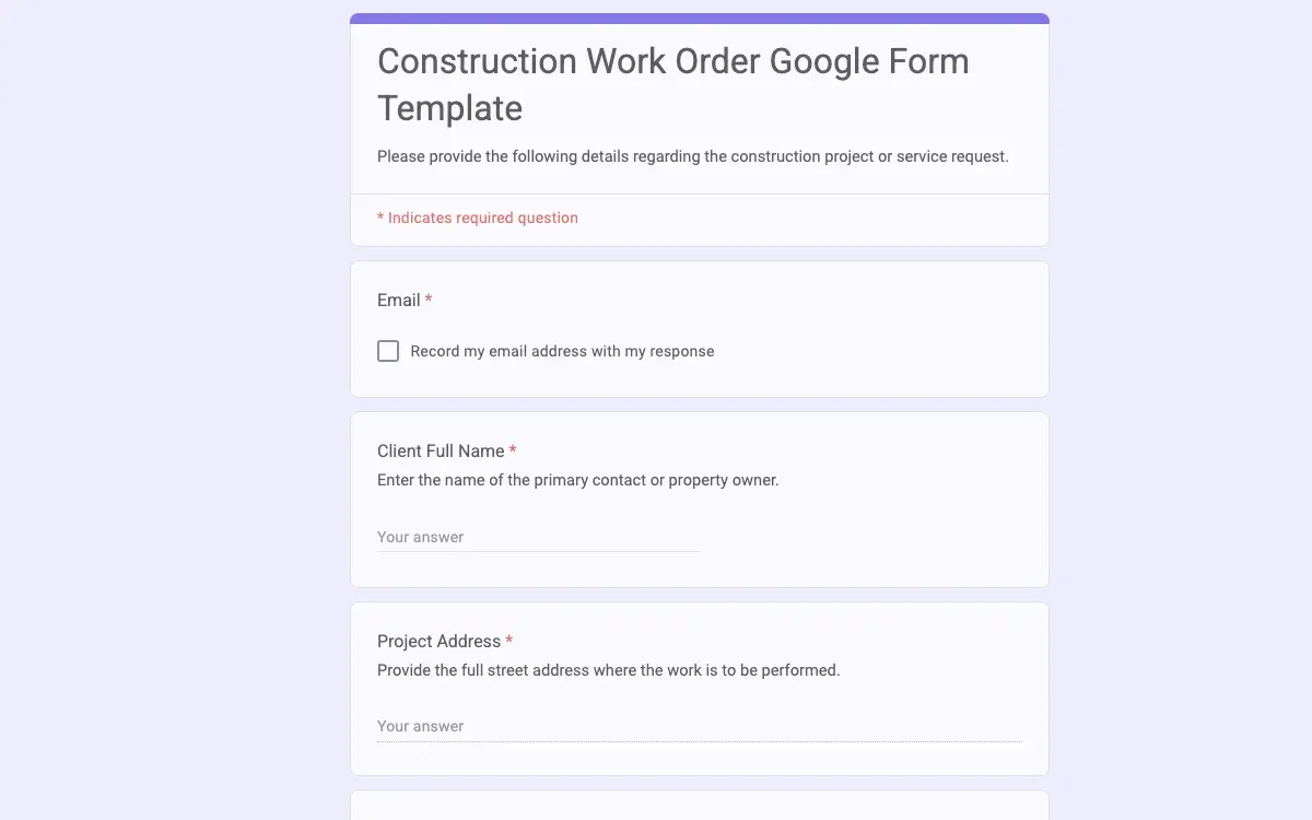 Preview of Construction Work Order Google Form Template