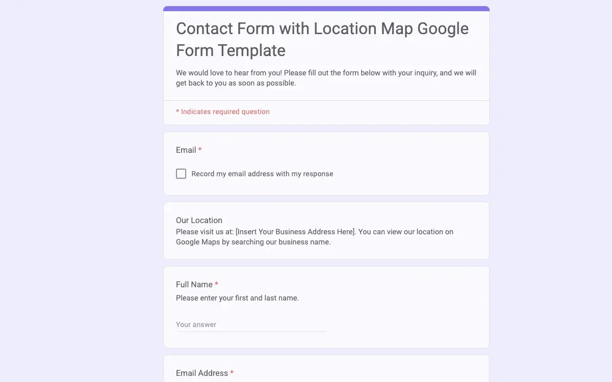 Preview of Contact Form with Location Map Google Form Template