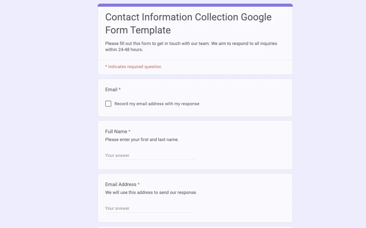Preview of Contact Information Collection Google Form Template