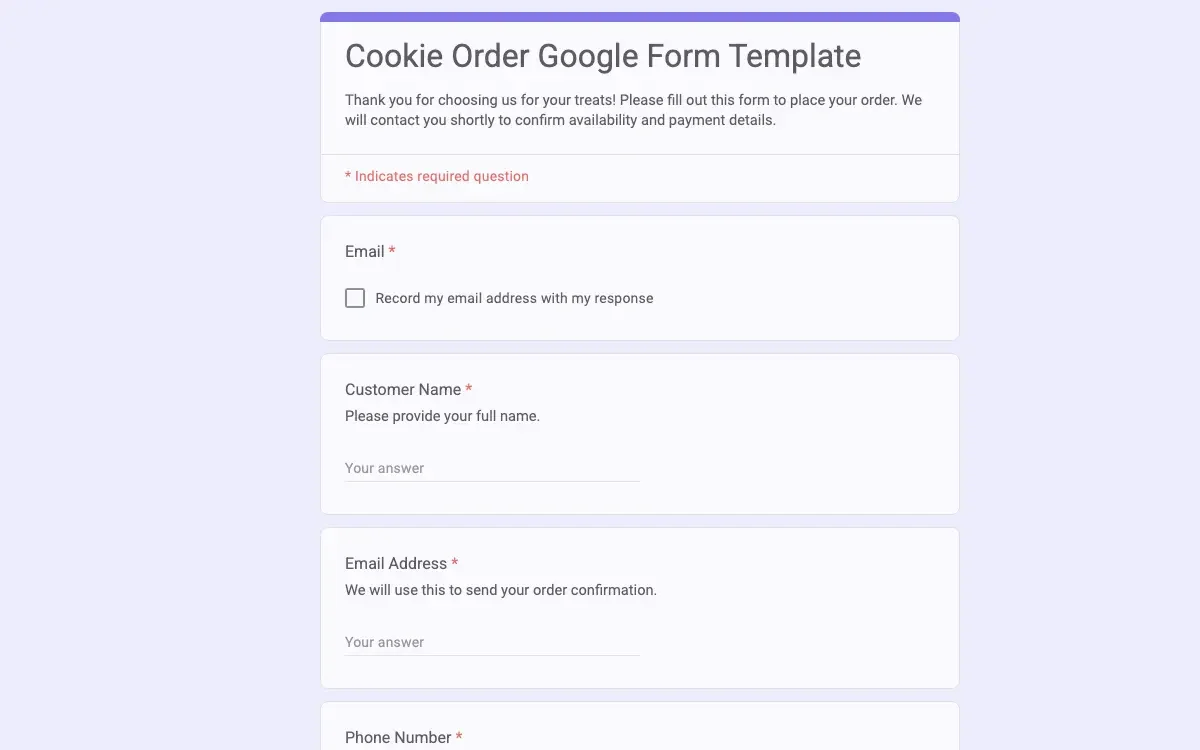 Preview of Cookie Order Google Form Template