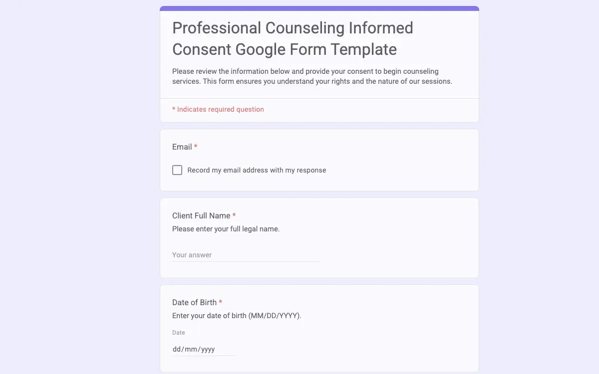Preview of Professional Counseling Informed Consent Google Form Template