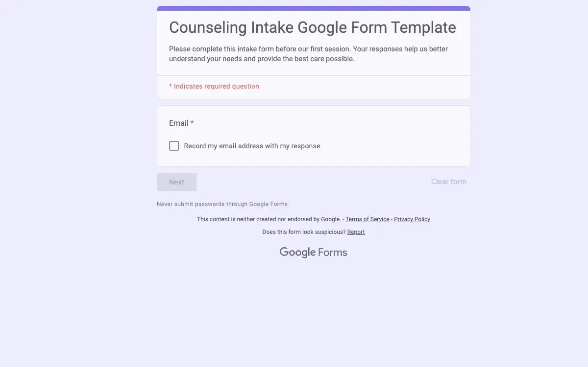 Preview of Counseling Intake Google Form Template