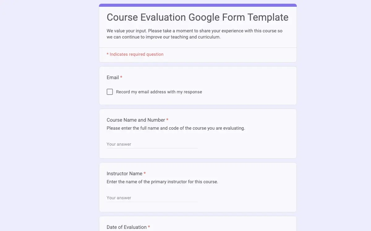 Preview of Course Evaluation Google Form Template