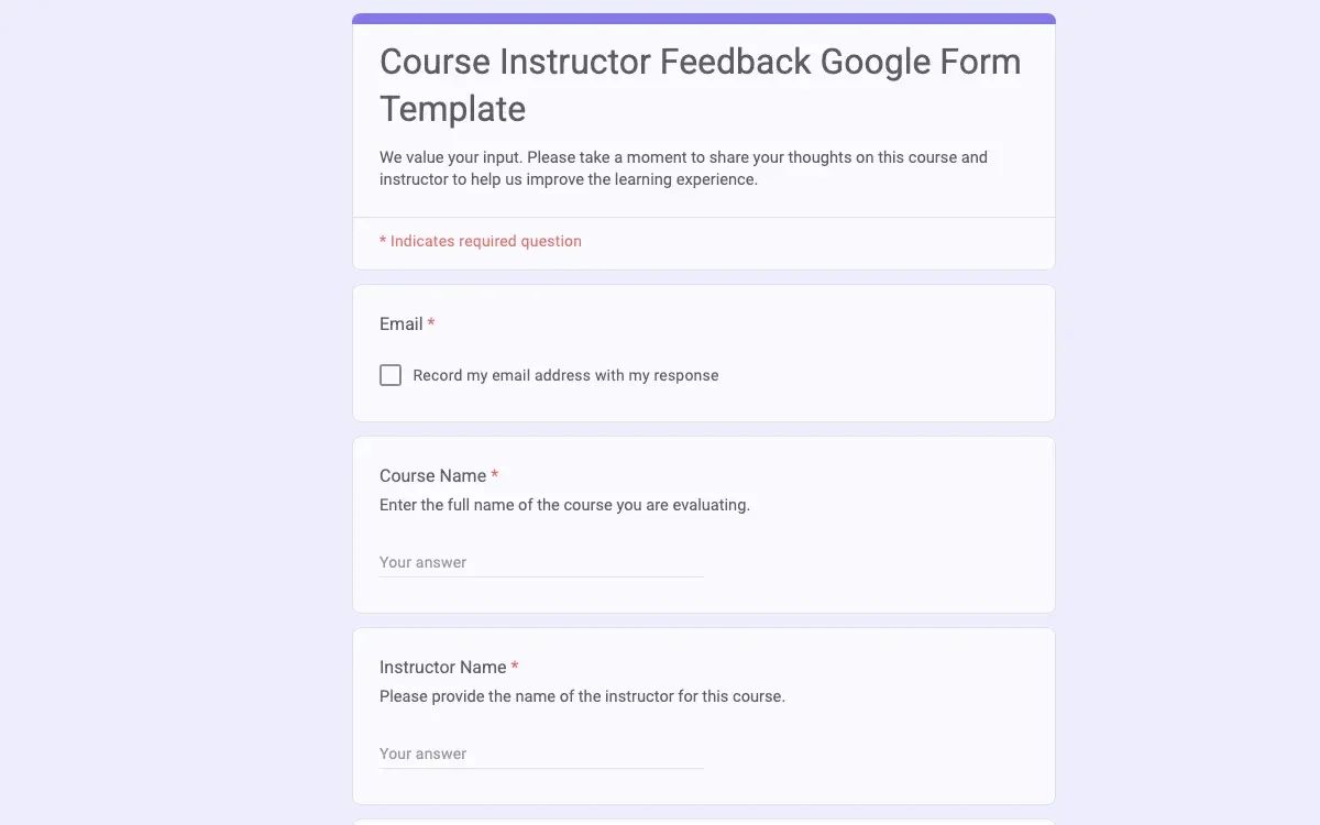 Preview of Course Instructor Feedback Google Form Template