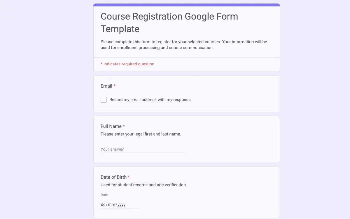 Preview of Course Registration Google Form Template