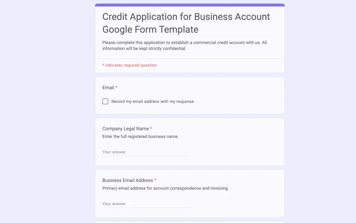Preview of Credit Application for Business Account Google Form Template
