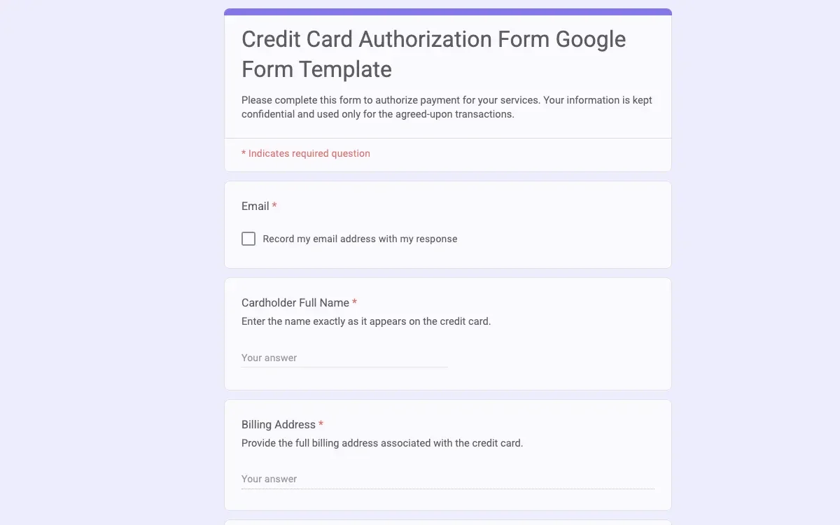 Preview of Credit Card Authorization Form Google Form Template