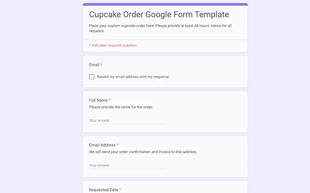 Preview of Cupcake Order Google Form Template