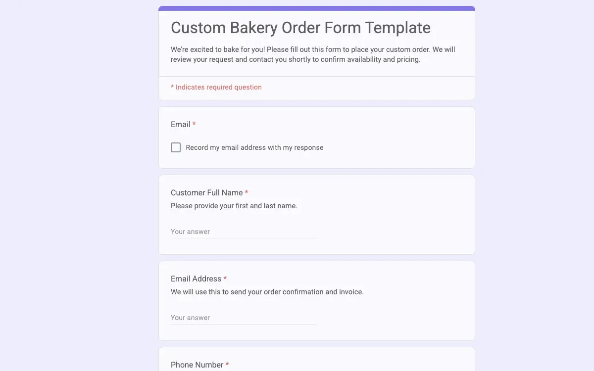 Preview of Custom Bakery Order Form Template