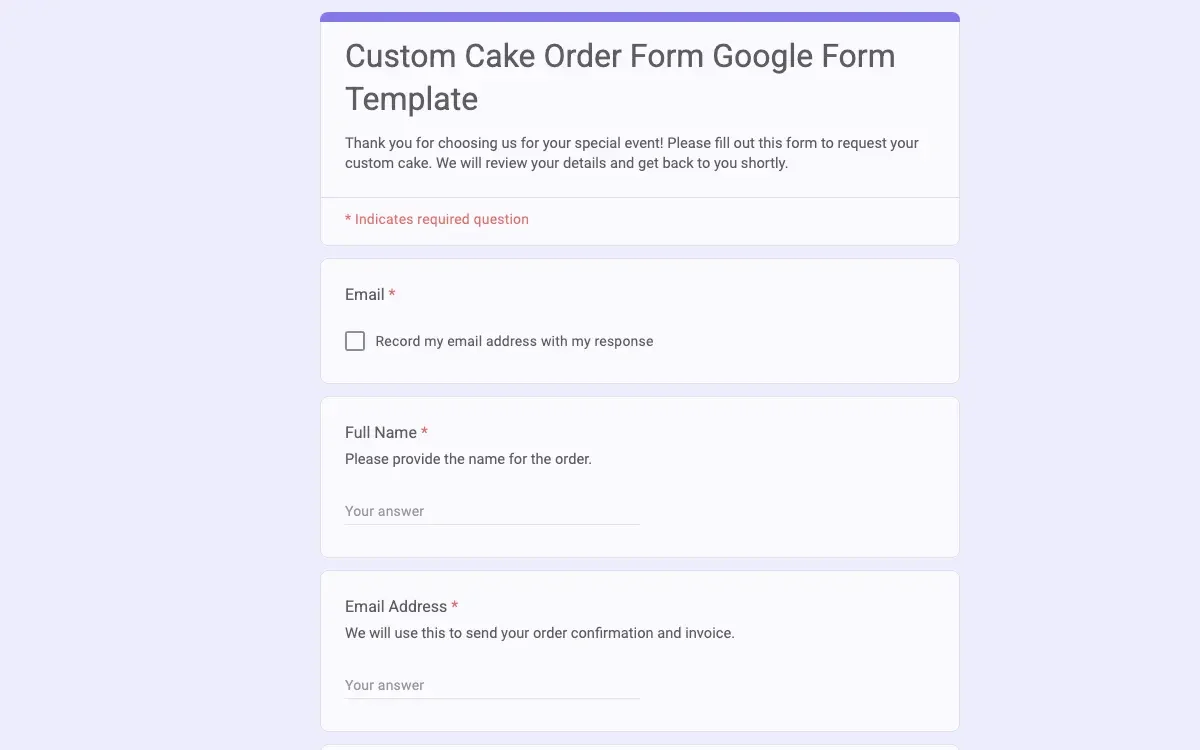 Preview of Custom Cake Order Form Google Form Template