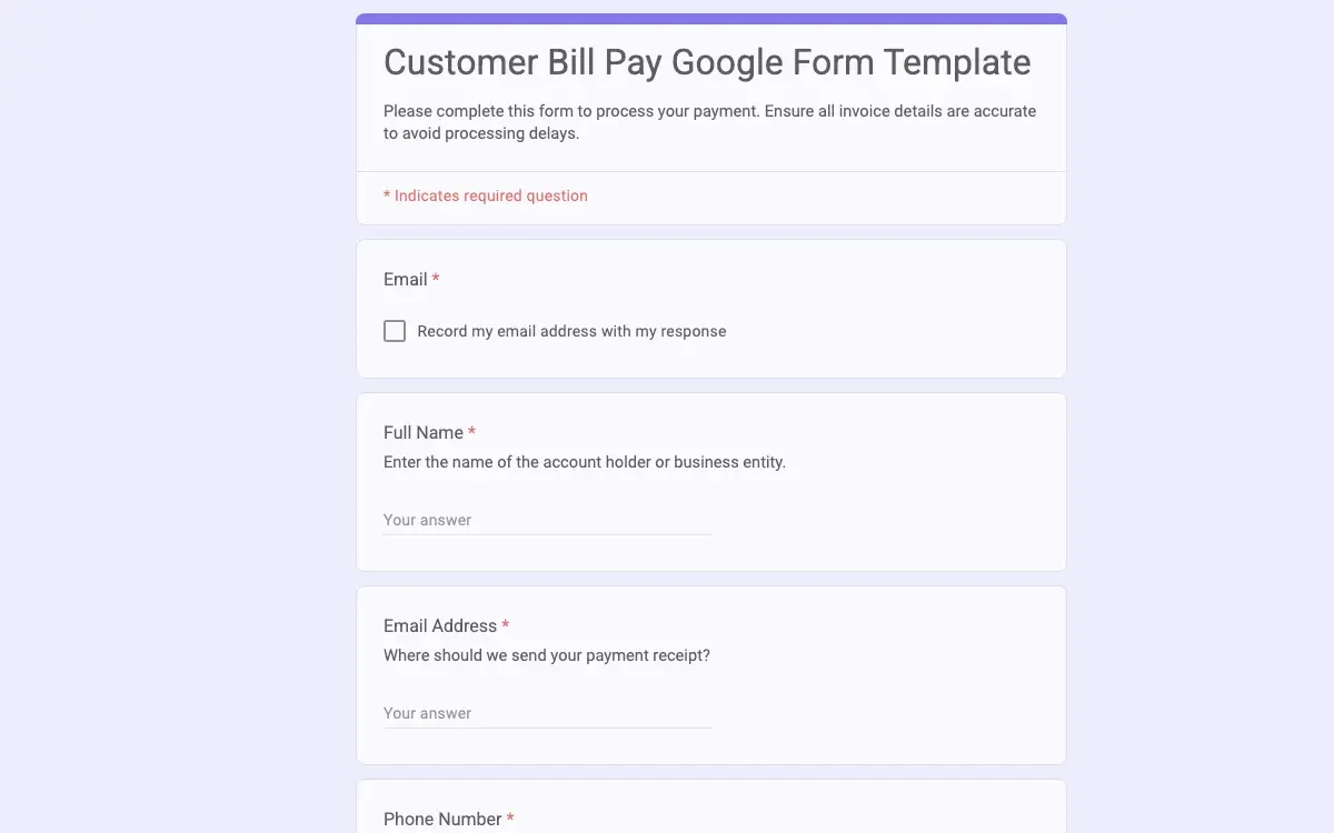 Preview of Customer Bill Pay Google Form Template