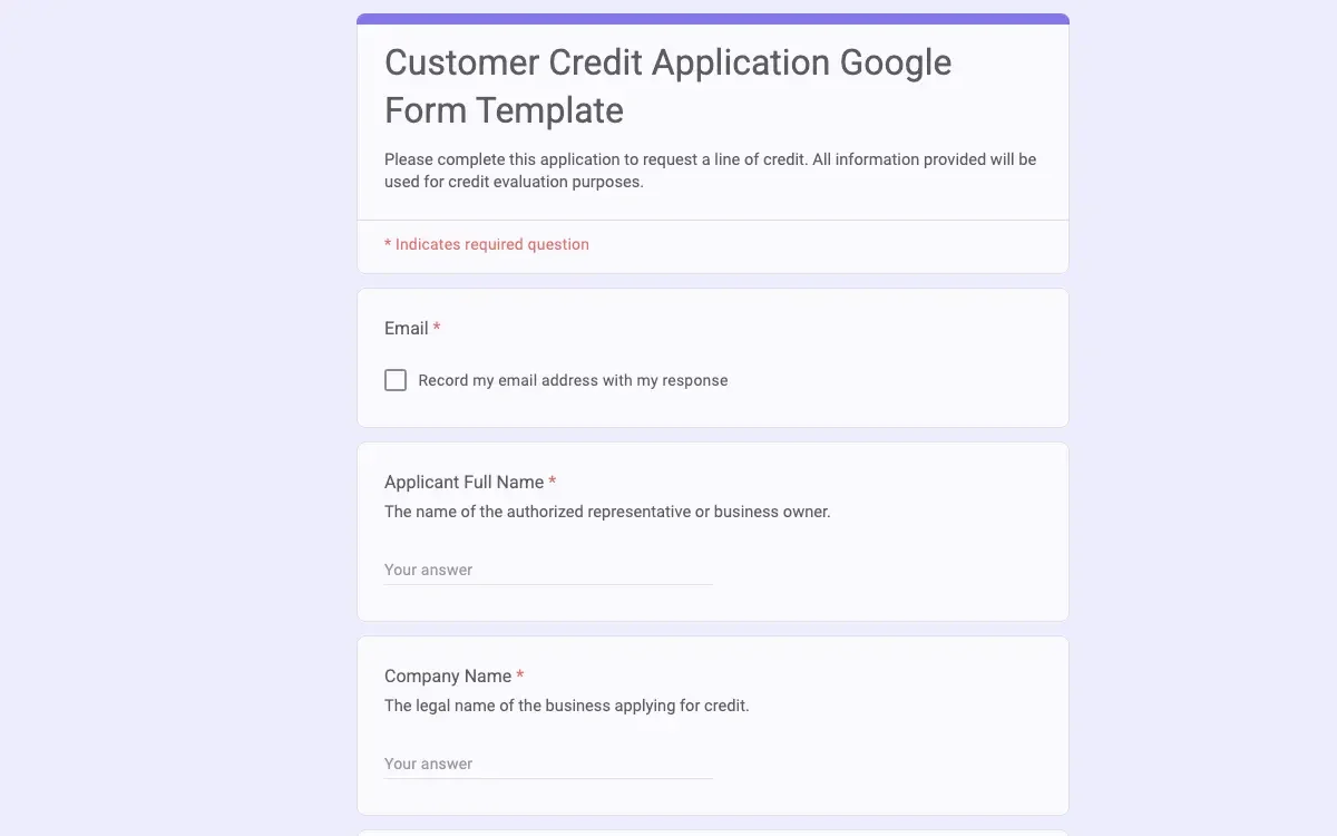 Preview of Customer Credit Application Google Form Template
