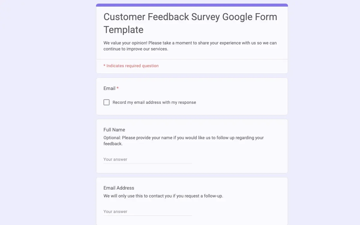 Preview of Customer Feedback Survey Google Form Template