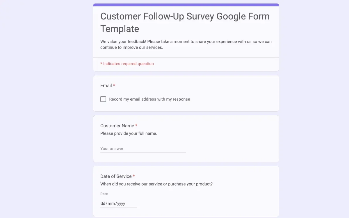 Preview of Customer Follow-Up Survey Google Form Template