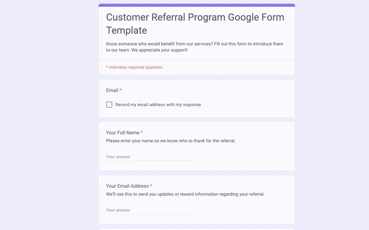 Preview of Customer Referral Program Google Form Template