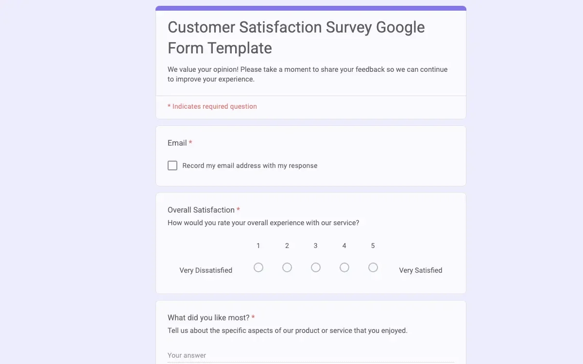 Preview of Customer Satisfaction Survey Google Form Template