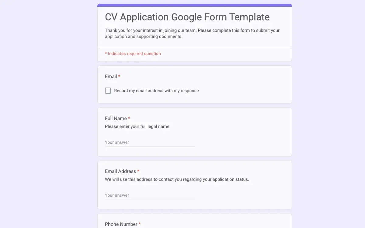 Preview of CV Application Google Form Template