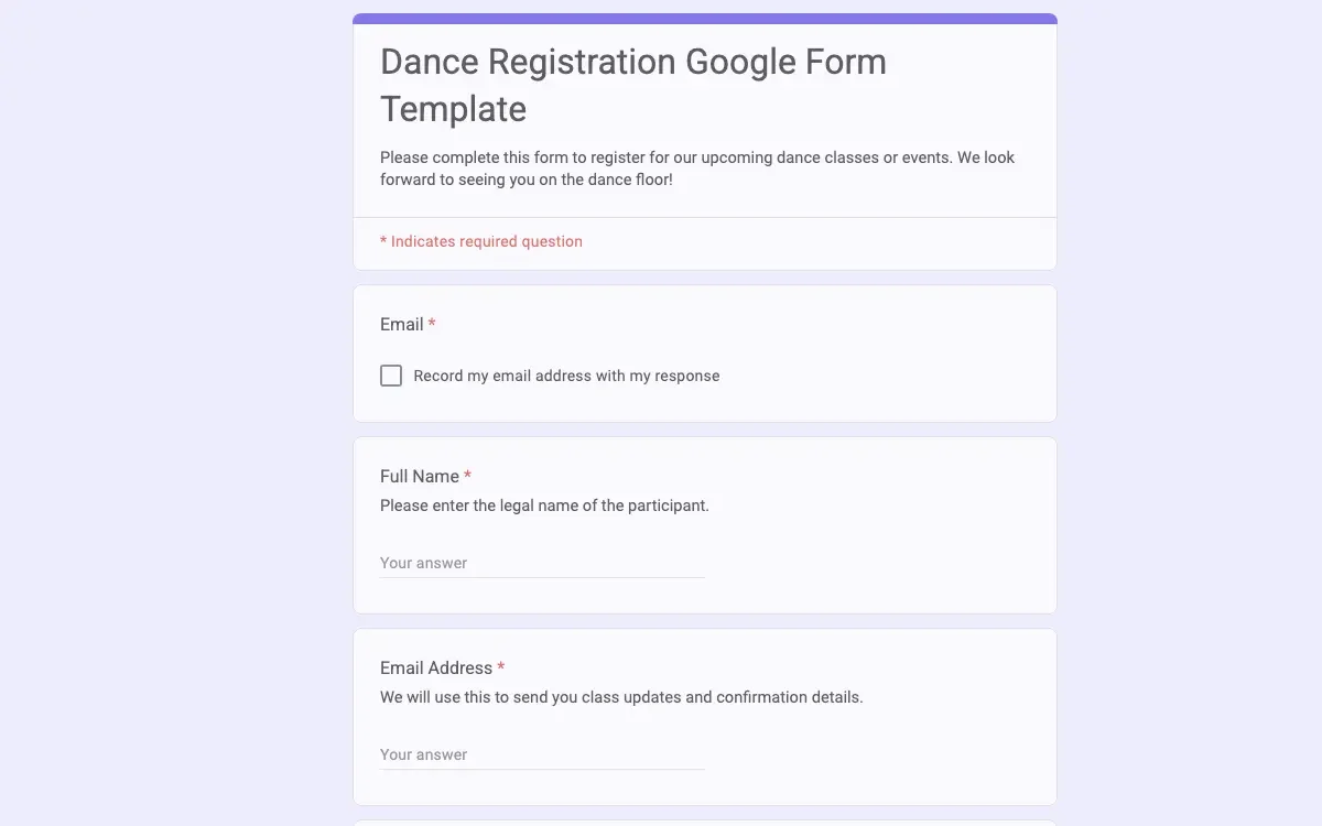 Preview of Dance Registration Google Form Template