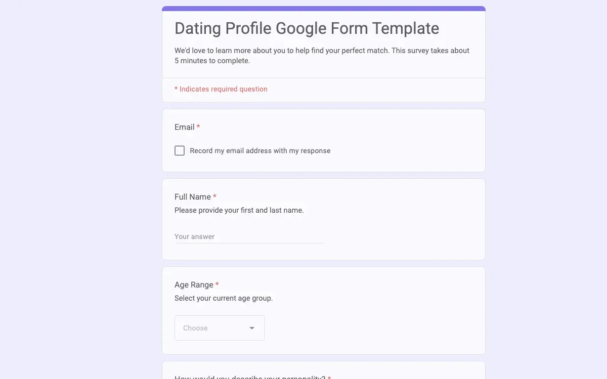 Preview of Dating Profile Google Form Template