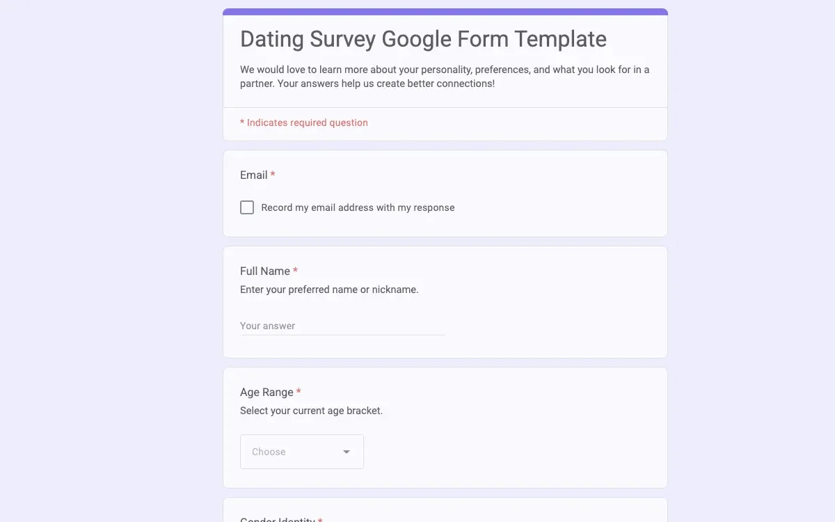 Preview of Dating Survey Google Form Template