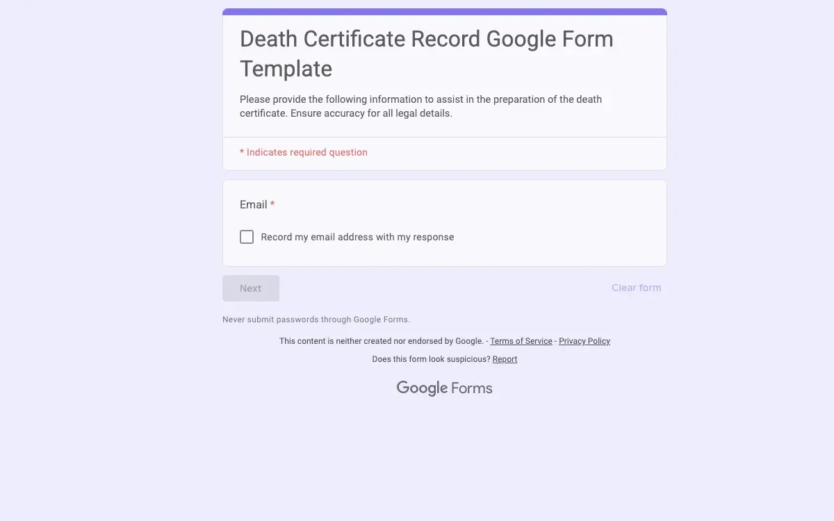 Preview of Death Certificate Record Google Form Template